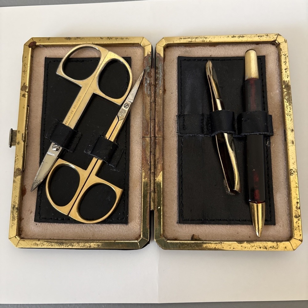 Vintage Kreuzbube Solingen Manicure Grooming Kit Set Leather Case Germany
